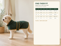 Tiny Paws dog robe size guide with full measurements from XS through XL