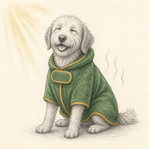 Pencil sketch of a dog relaxing while the robe dries