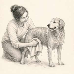 Pencil sketch of gently toweling a wet dog