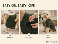 Tiny Paws dog robe wrap, secure and go closure guide