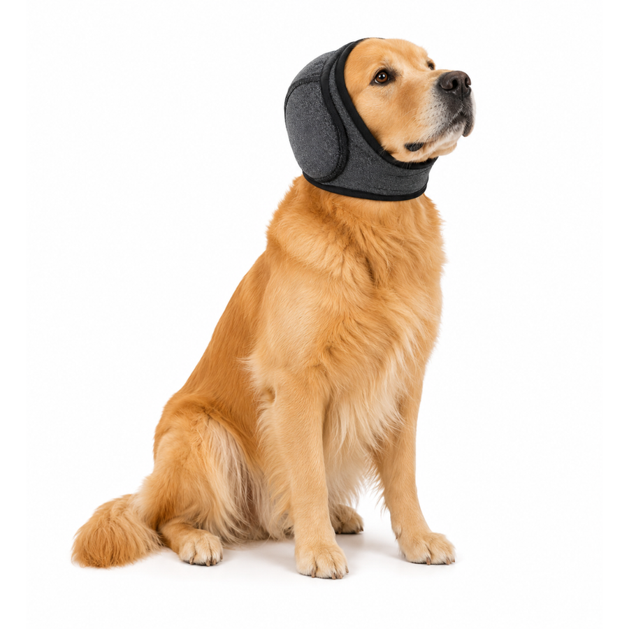 Golden retriever wearing the grey calming ear wrap