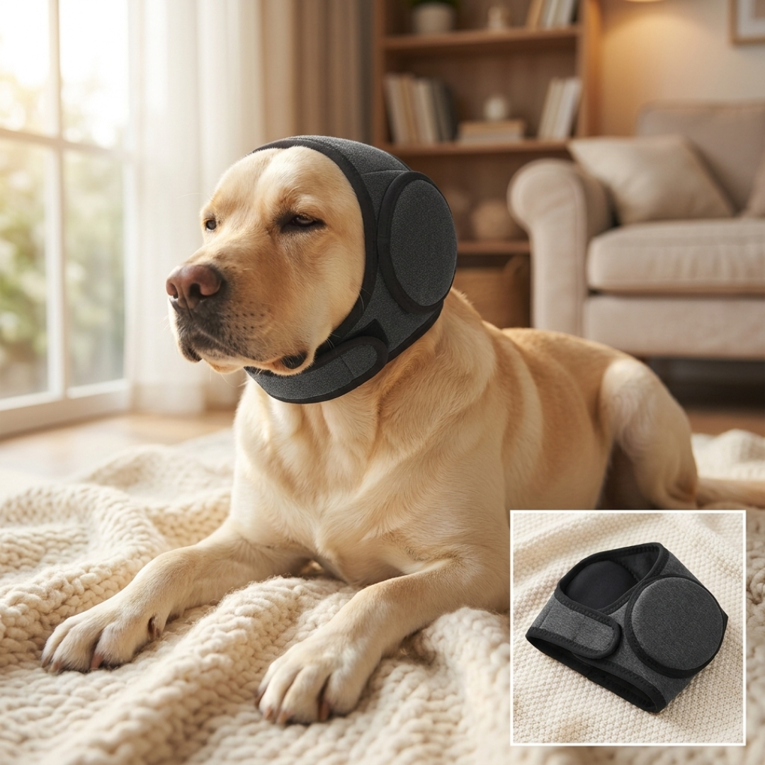 Dog resting at home wearing a grey calming ear wrap