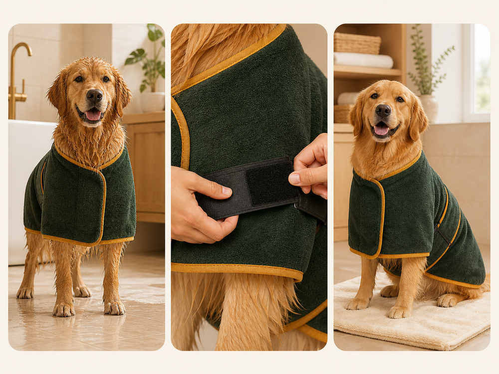 Three-step view of the fast-drying dog robe being put on, secured and worn comfortably